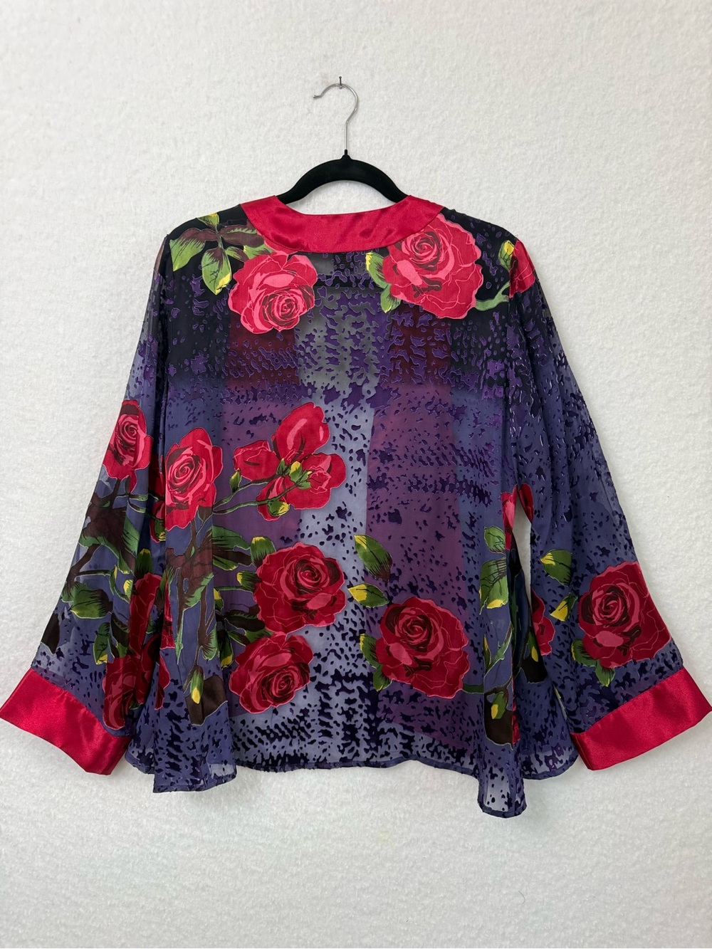 Mirasol Purple Floral sheer kimono with Red Satin Trim - Picture 2 of 7